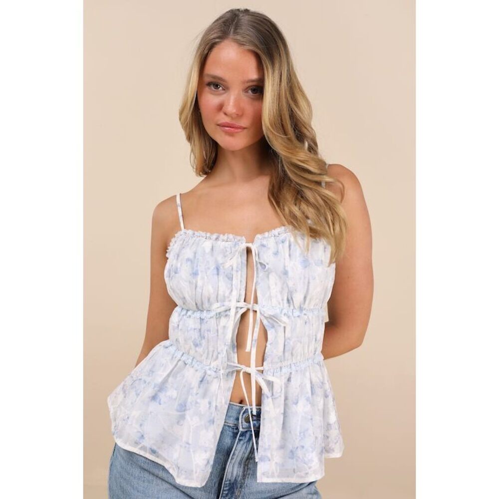 Lulus Mariasole Light Blue Floral Lace Tie-front Cami Top - Size S